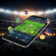 A sleek mobile phone displaying a World Cup sports betting interface with live odds, set against a dramatic football stadium background, symbolizing secure betting in Malaysia.