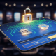 A modern, high-tech digital interface representing a secure online casino payment system in Malaysia, featuring abstract data flow, padlock icons, and subtle casino elements, symbolizing safe deposits and fast withdrawals.