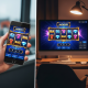 Dynamic split-screen image showcasing an identical, vibrant online slot game interface on both a sleek mobile phone in an on-the-go setting and a large desktop monitor in a home environment, illustrating the core gameplay parity between platforms.