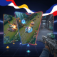 Dynamic split-screen digital art showing MLBB, Dota 2, and CS2 game interfaces integrated into a futuristic online esports betting platform UI, with abstract Malaysian flag colors in the background.